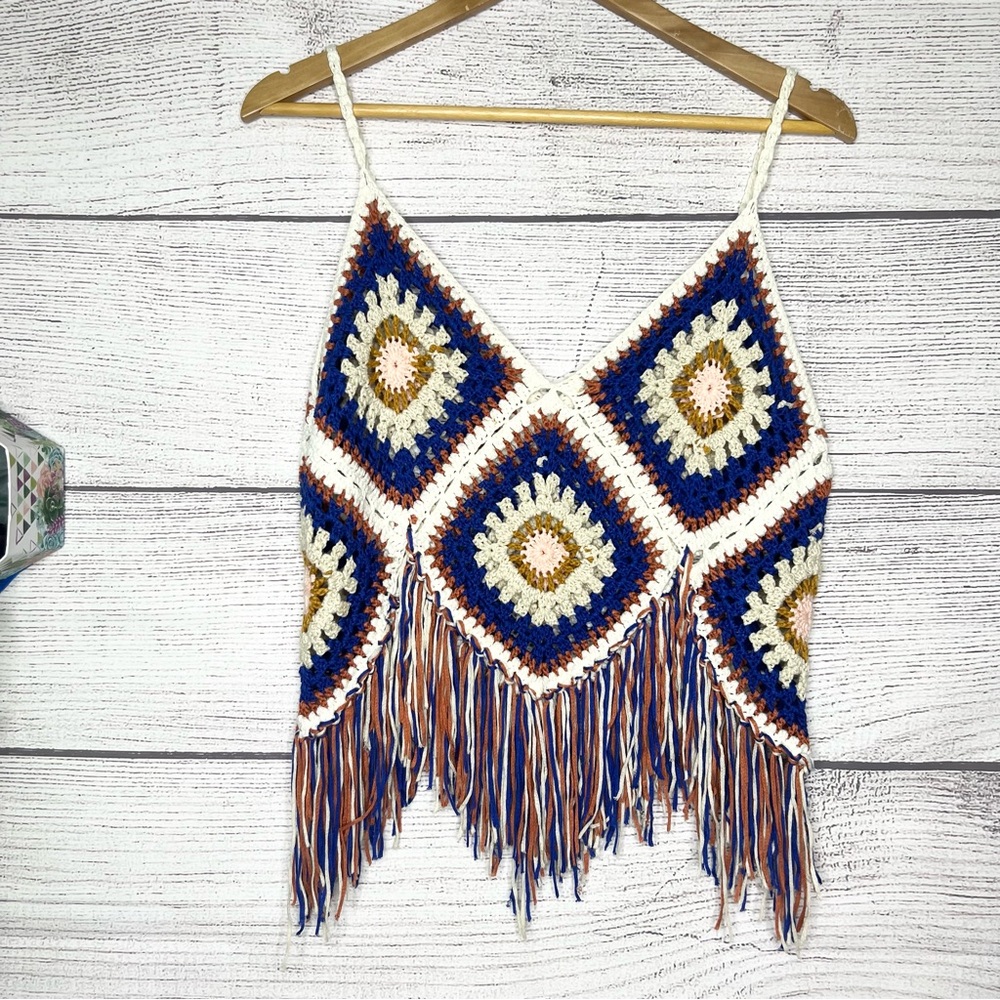 Bohemian Crochet Granny Square Fringe Festival Sleeveless Crop Top Size XL